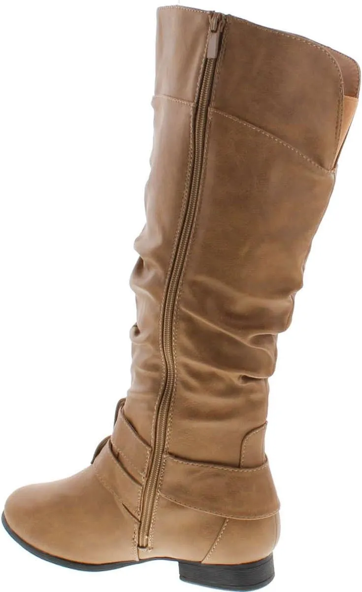 TOP Moda Womens Coco-20 Knee High Round Toe Buckle Slouched Riding Flat Boots