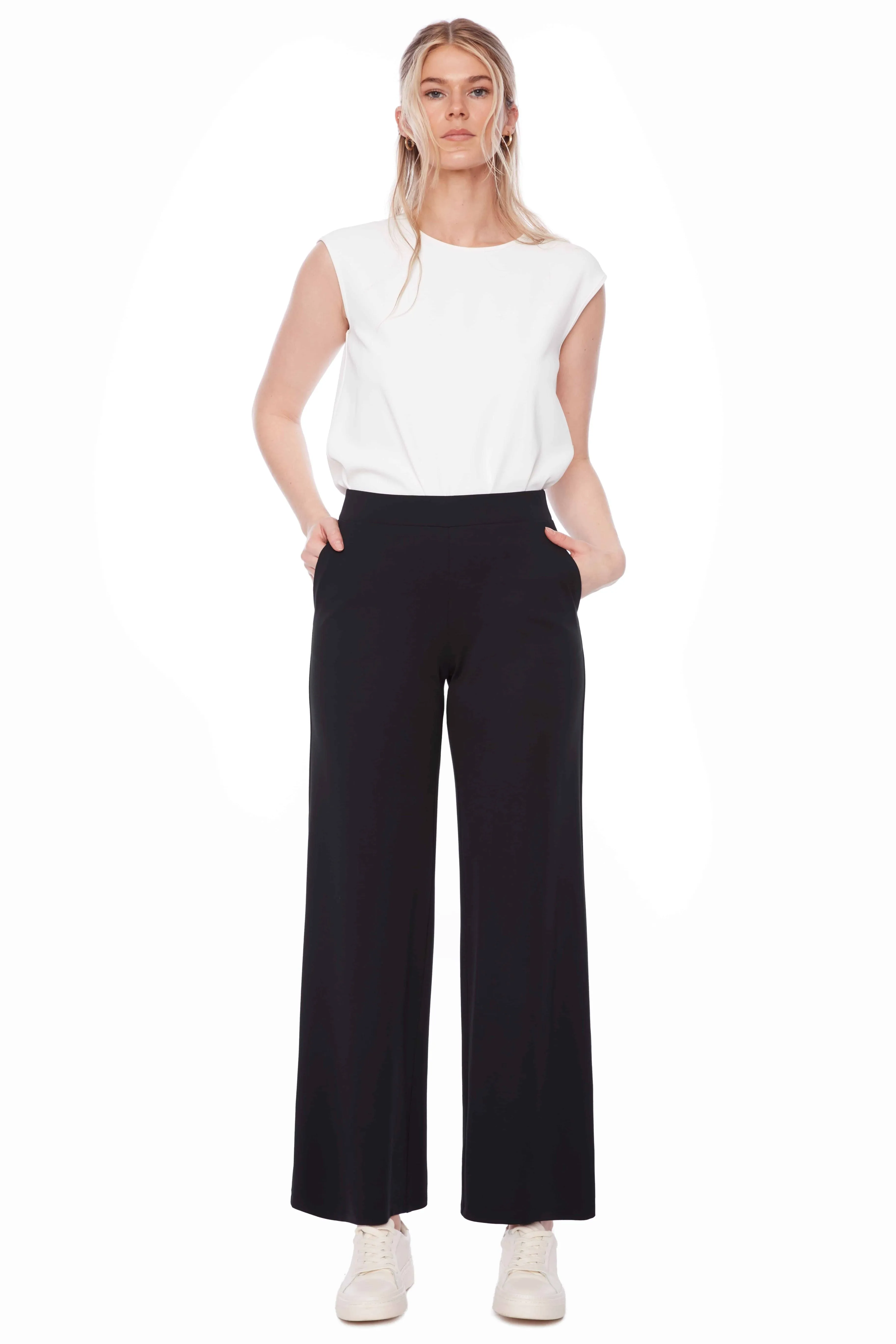 UP! WOMEN'S SOLID LIGHT PONTE WIDE-LEG  PALAZZO PANT - BLACK