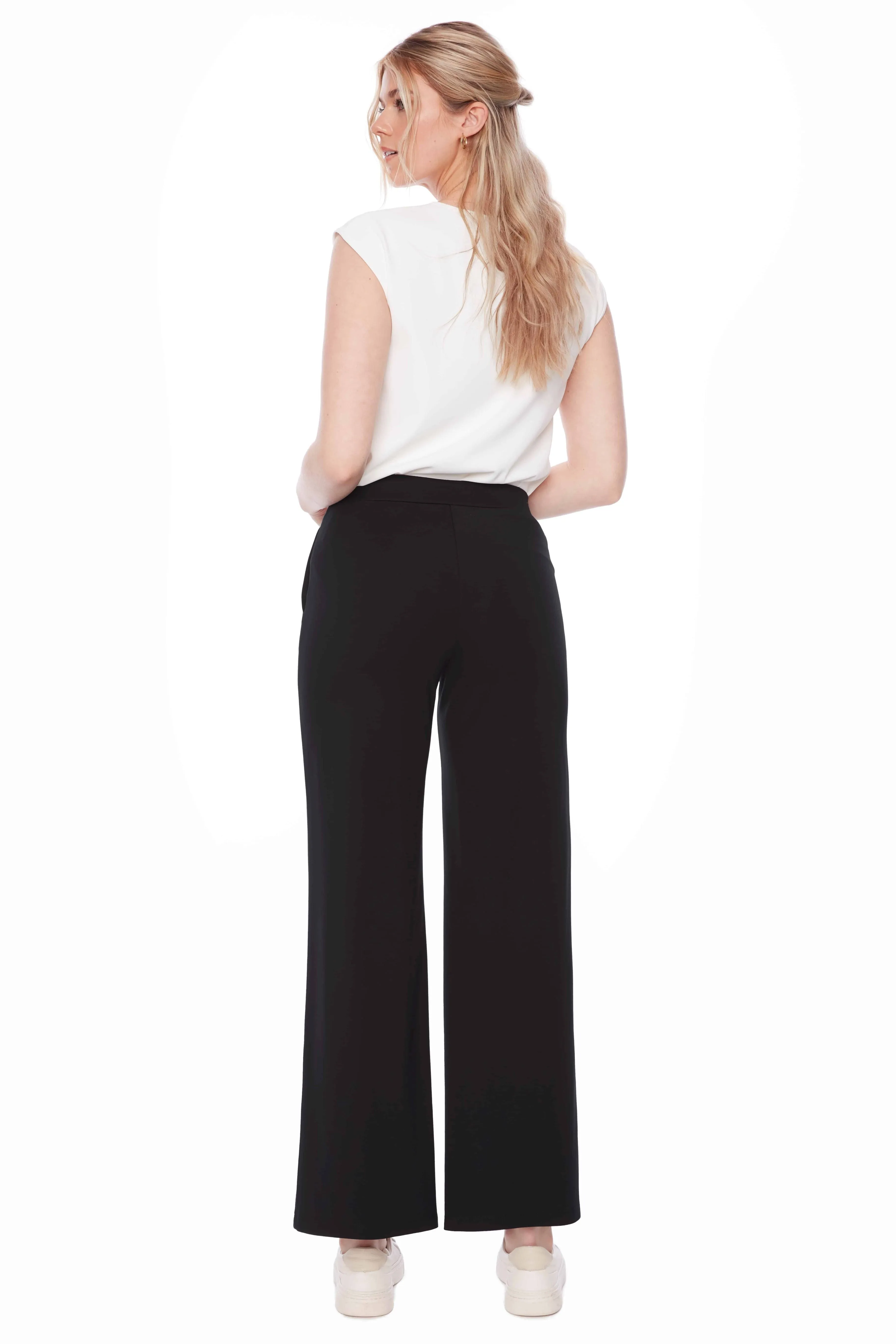 UP! WOMEN'S SOLID LIGHT PONTE WIDE-LEG  PALAZZO PANT - BLACK