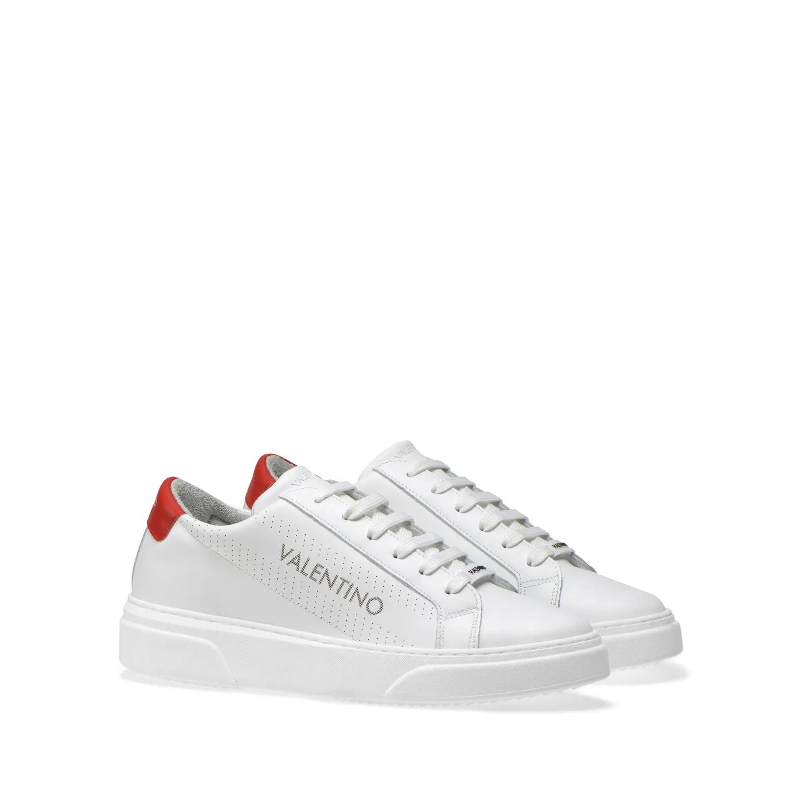 VALENTINO Lace Up Sneaker in white hide and red insert
