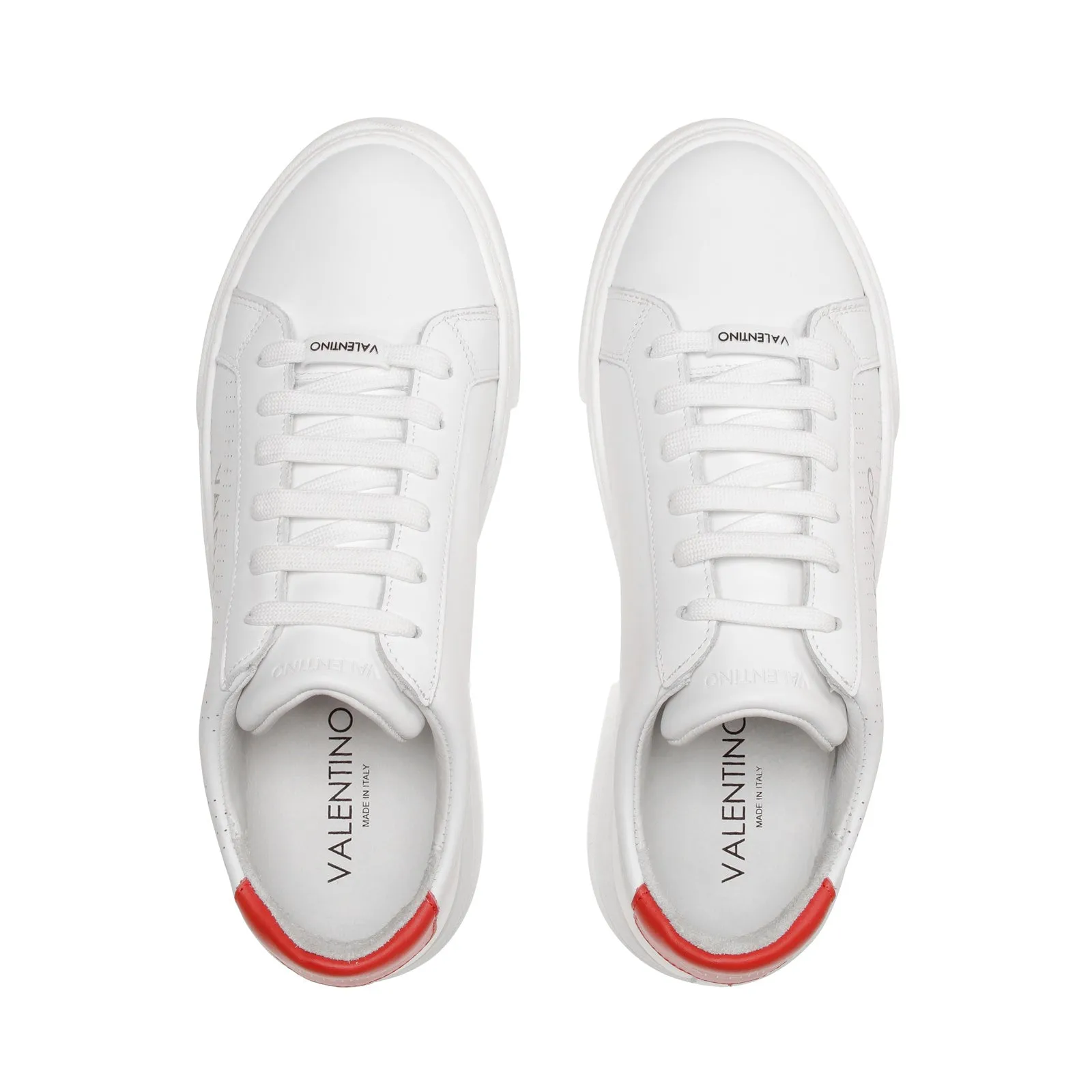 VALENTINO Lace Up Sneaker in white hide and red insert