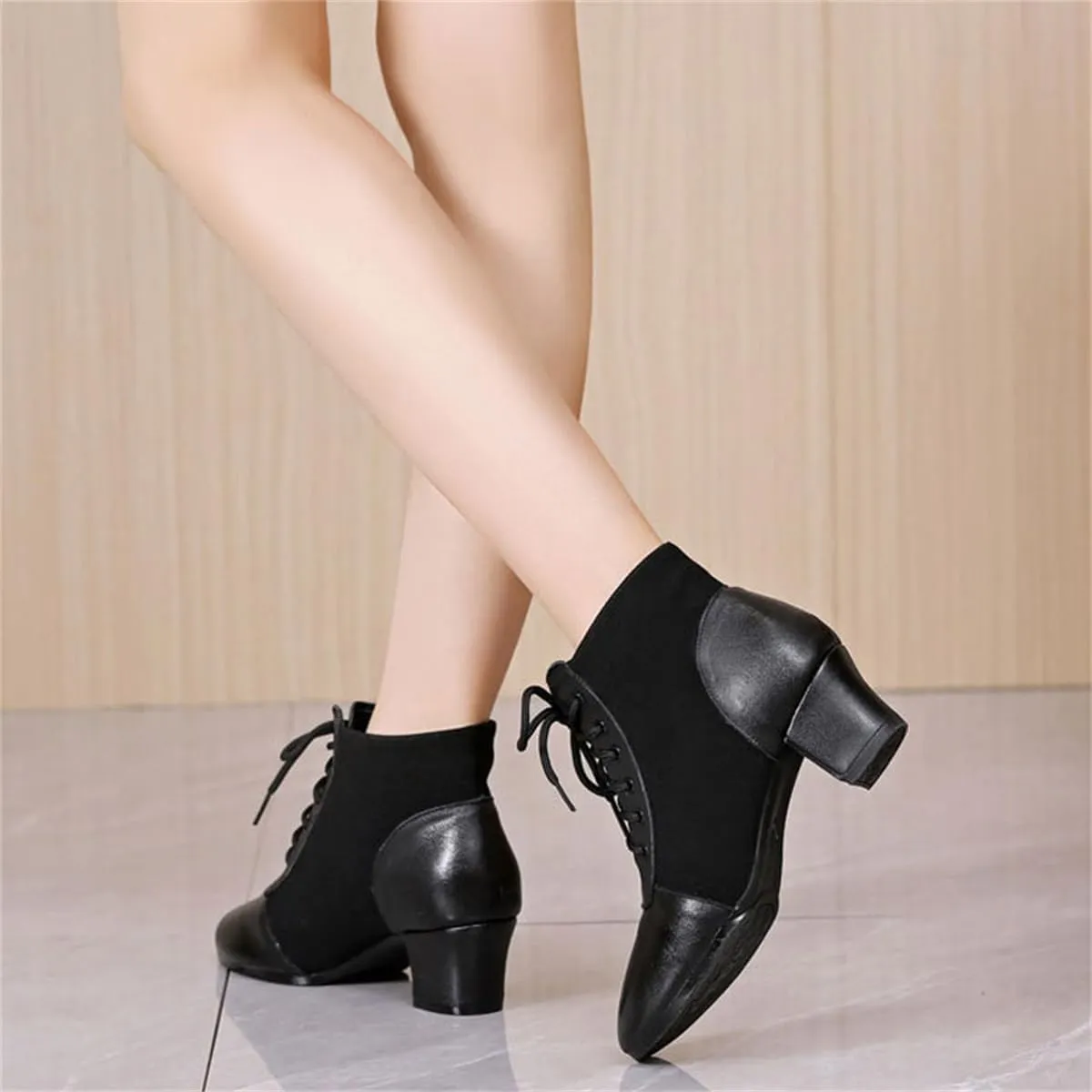 VEACAM Jazz Dance Boot for Women Split Sole Ankle Boots Leather Ballroom Dancing Shoes