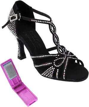 Very Fine Dance Shoes - Ladies Latin, Rhythm, Salsa, Waltz Ballroom Dance Shoes - S1008CC - 3-inch Heel and Foldable Brush Bundle - Black Satin - 6