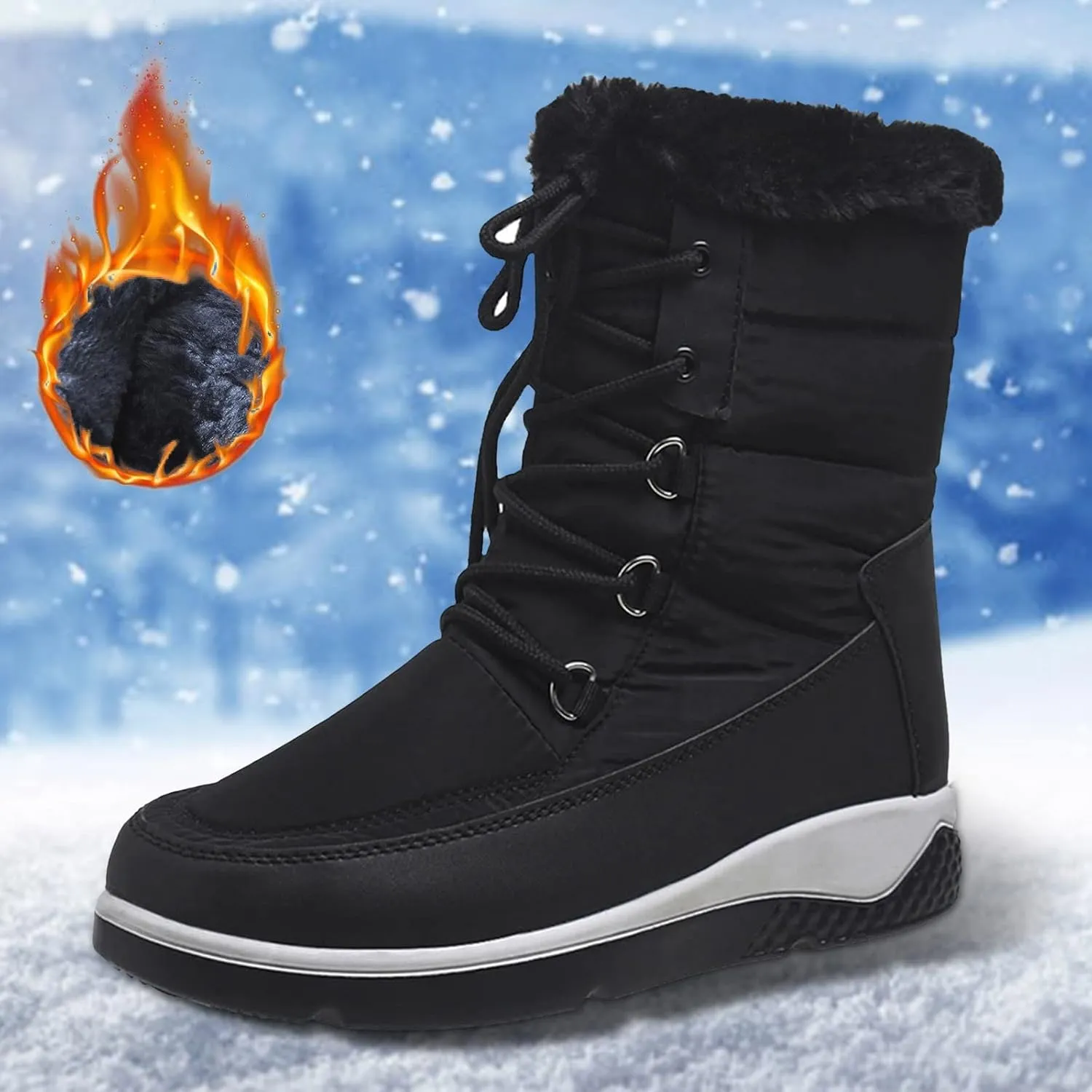 Wide Calf Snow Boots for Women Plus Size Lightweight Snow Boots Women Woman Boots Winter Black Lace-Up Combat Boots Mid-Calf Military Winter Boot for Women Botas De FrO Para Mujeres Plus Size