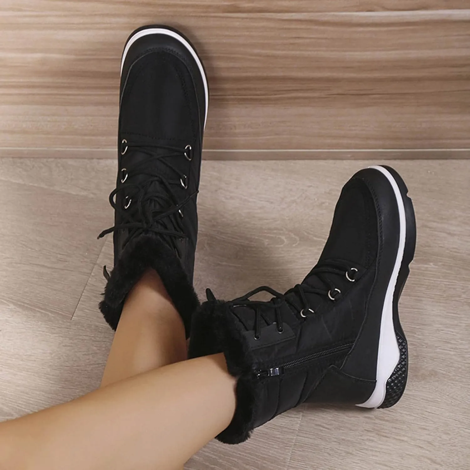 Wide Calf Snow Boots for Women Plus Size Lightweight Snow Boots Women Woman Boots Winter Black Lace-Up Combat Boots Mid-Calf Military Winter Boot for Women Botas De FrO Para Mujeres Plus Size