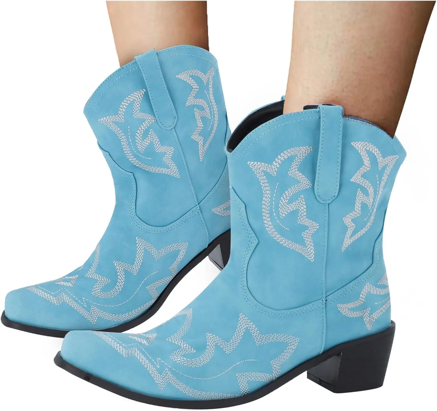 Women Cowboy Boots Wide Calf Cowgirl Boots Western Mid Calf Boots Ponited Toe Chunky Low Heels Mid Calf Embroidered
