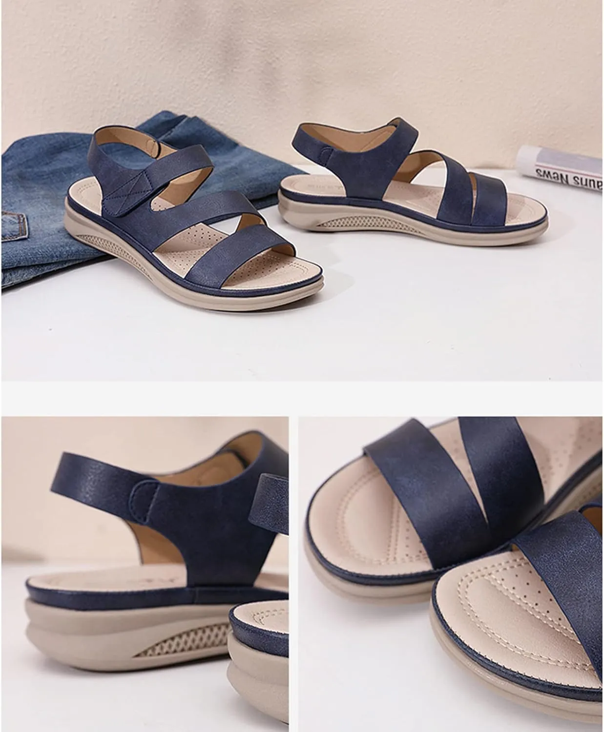 Women Dressy Summer Comfortable Open Toe Flat Sandals with Arch Support Dress Summer Casual Comfort Ankle Strap Sandals Walking Orthotic Breathable Lightweight Flats Shoes Outdoor Going Out Footwear
