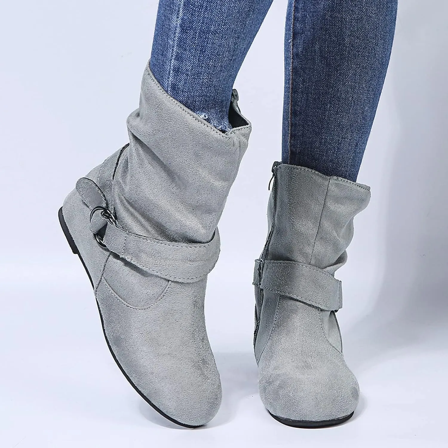 Women's Arch Support Wide Calf Boots,Stylish Slouchy Ruched Suede Round Toe Flat Ankle Booties with Side Zipper Casual Comfortable Winter Fall Mid Calf Dress Short Boots