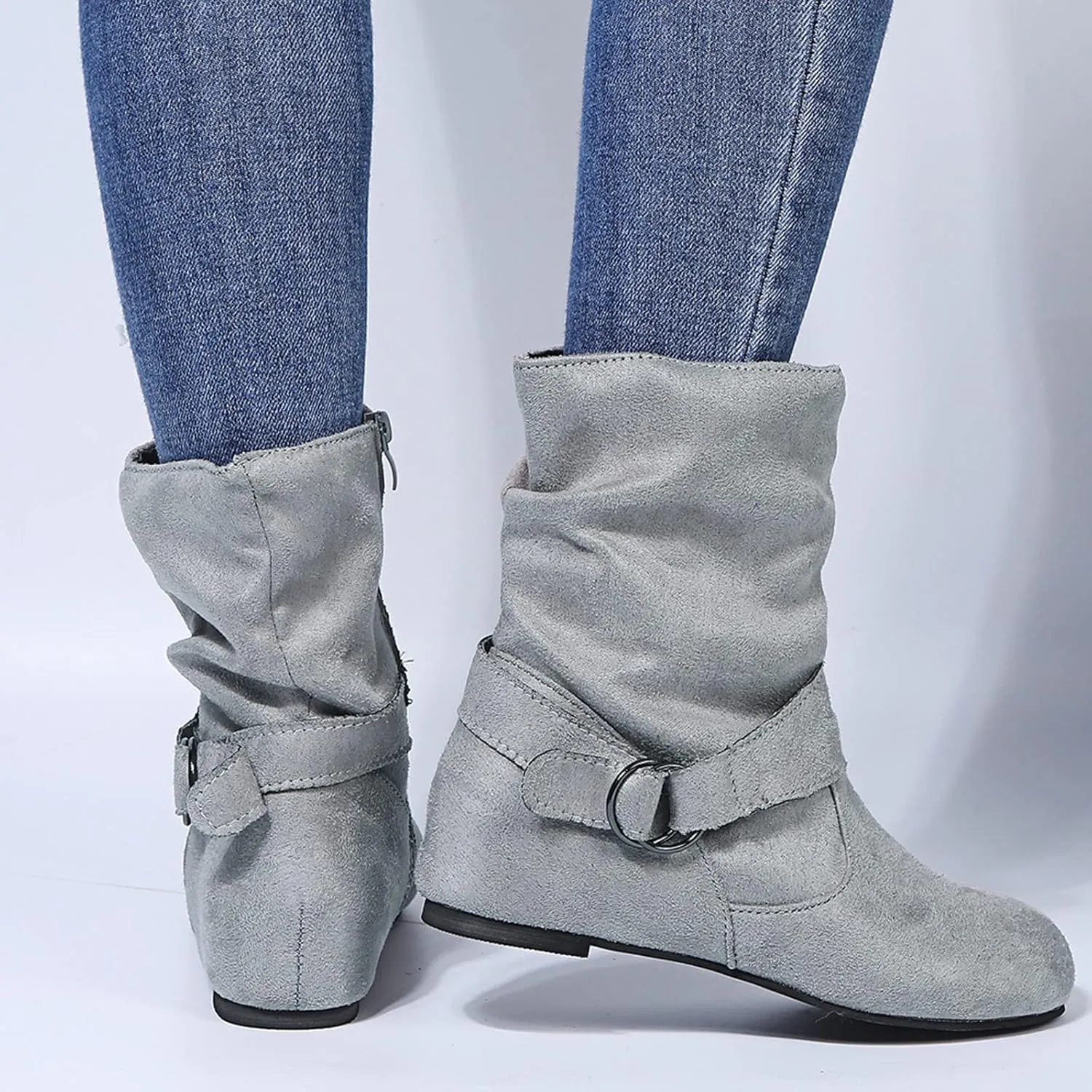 Women's Arch Support Wide Calf Boots,Stylish Slouchy Ruched Suede Round Toe Flat Ankle Booties with Side Zipper Casual Comfortable Winter Fall Mid Calf Dress Short Boots