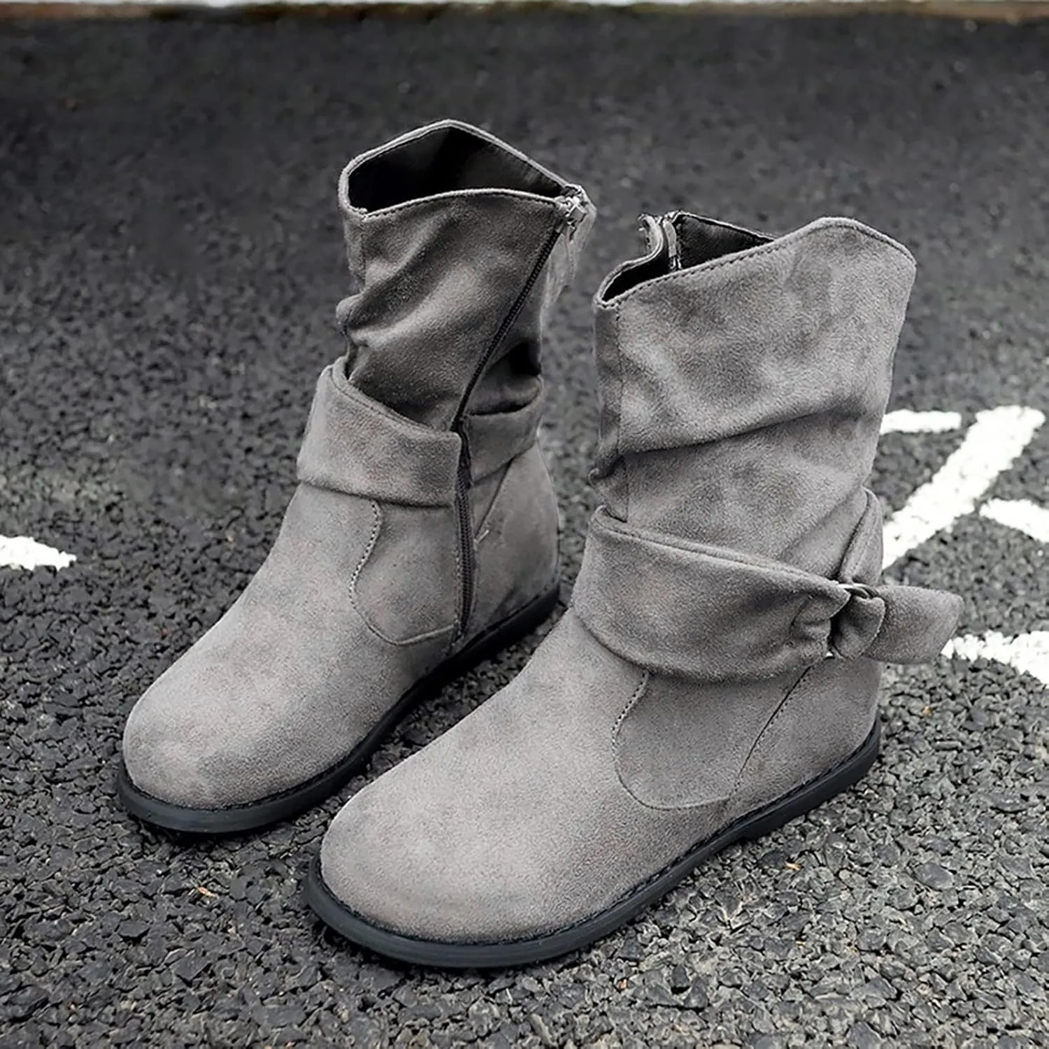 Women's Arch Support Wide Calf Boots,Stylish Slouchy Ruched Suede Round Toe Flat Ankle Booties with Side Zipper Casual Comfortable Winter Fall Mid Calf Dress Short Boots