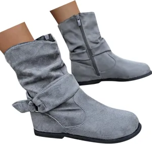 Women's Arch Support Wide Calf Boots,Stylish Slouchy Ruched Suede Round Toe Flat Ankle Booties with Side Zipper Casual Comfortable Winter Fall Mid Calf Dress Short Boots