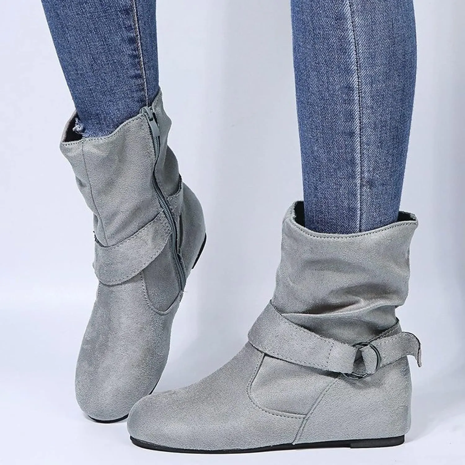 Women's Arch Support Wide Calf Boots,Stylish Slouchy Ruched Suede Round Toe Flat Ankle Booties with Side Zipper Casual Comfortable Winter Fall Mid Calf Dress Short Boots