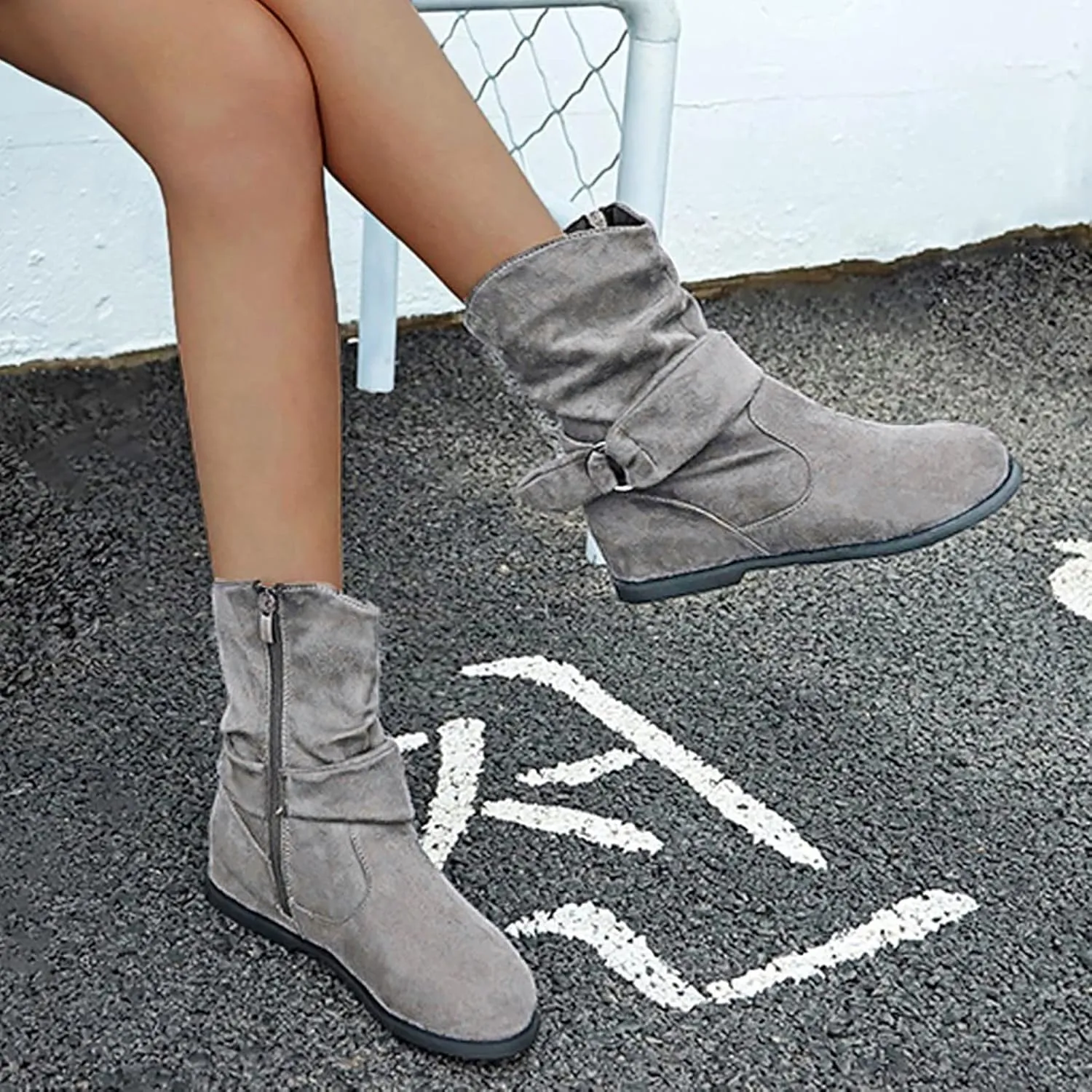 Women's Arch Support Wide Calf Boots,Stylish Slouchy Ruched Suede Round Toe Flat Ankle Booties with Side Zipper Casual Comfortable Winter Fall Mid Calf Dress Short Boots