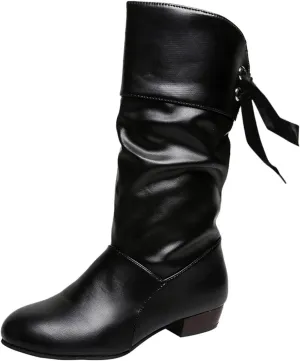 Womens Boots Fashion Bow Tie Pleated PU Leather Boots for Women Solid Color Chunky Heel Durable Mid-Calf Boots