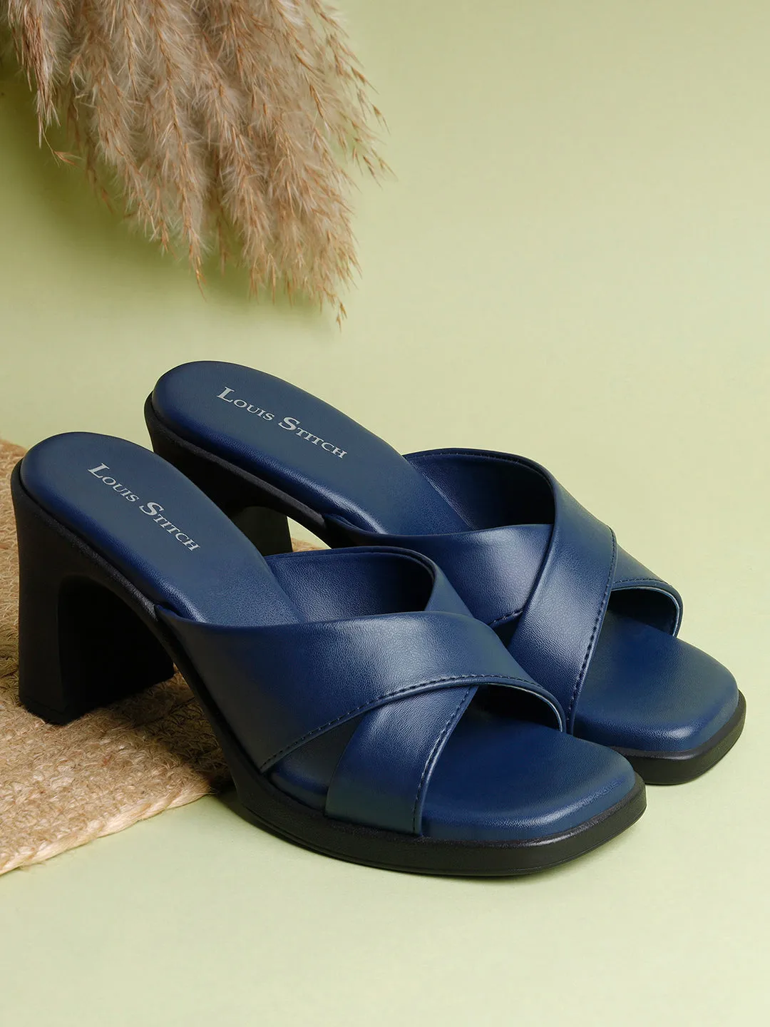 Women's Cross Strap Block Heel Blue Lightweight Sandals