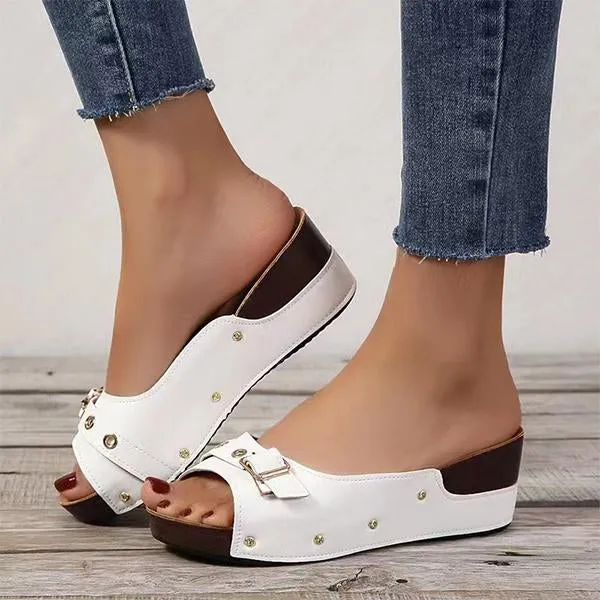 Women's Fish Mouth Belt Buckle Rivet Wedge Slippers 33157558S