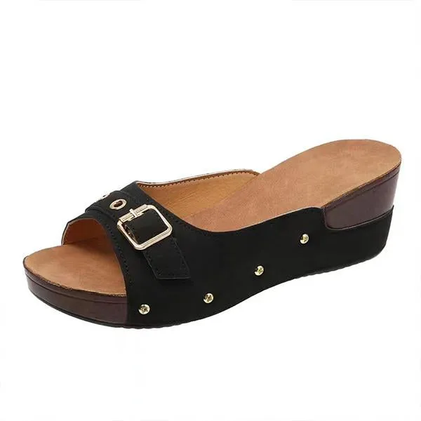 Women's Fish Mouth Belt Buckle Rivet Wedge Slippers 33157558S
