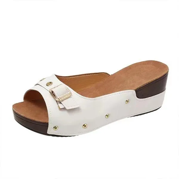 Women's Fish Mouth Belt Buckle Rivet Wedge Slippers 33157558S