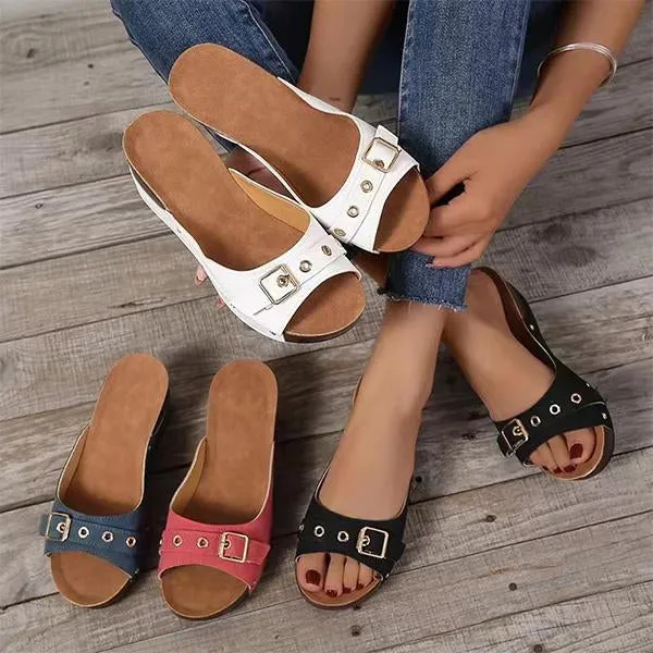 Women's Fish Mouth Belt Buckle Rivet Wedge Slippers 33157558S
