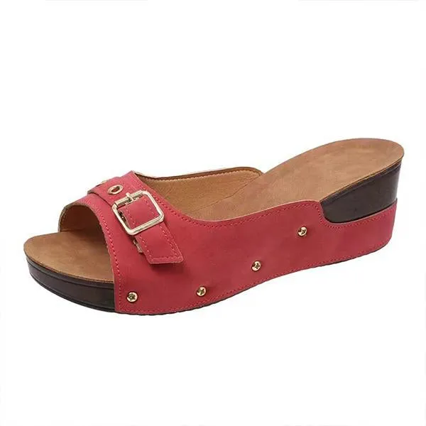 Women's Fish Mouth Belt Buckle Rivet Wedge Slippers 33157558S