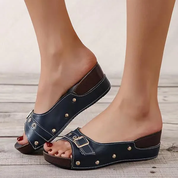 Women's Fish Mouth Belt Buckle Rivet Wedge Slippers 33157558S