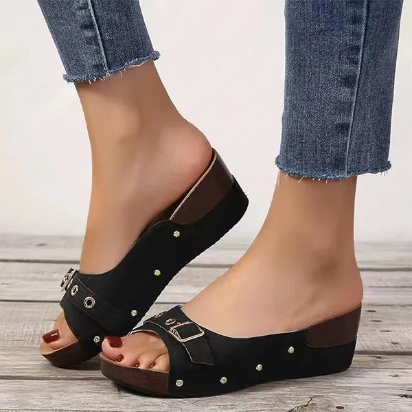 Women's Fish Mouth Belt Buckle Rivet Wedge Slippers 33157558S