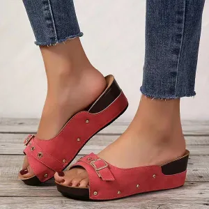 Women's Fish Mouth Belt Buckle Rivet Wedge Slippers 33157558S