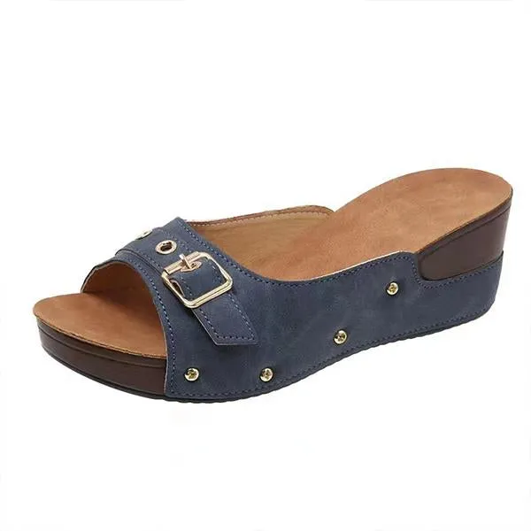 Women's Fish Mouth Belt Buckle Rivet Wedge Slippers 33157558S