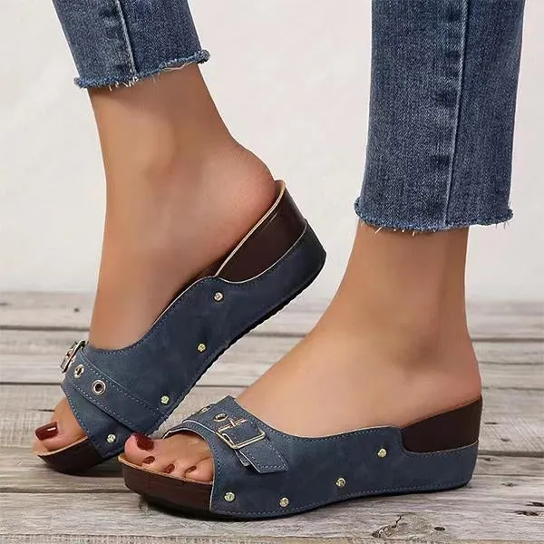 Women's Fish Mouth Belt Buckle Rivet Wedge Slippers 33157558S