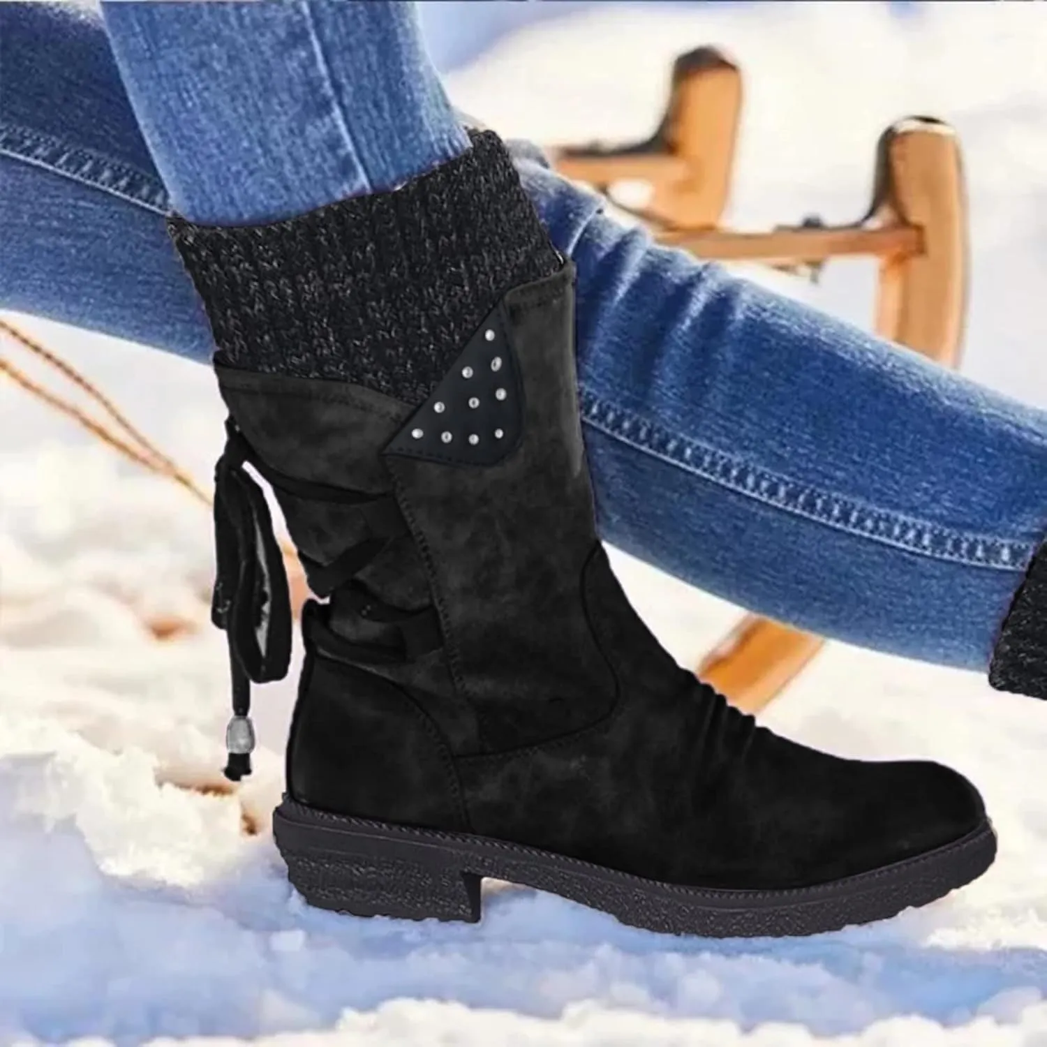 Women's Mid Calf WaterProof Winter Snow Boots Faux Fur Warm Thermal Waterproof Outdoor Walking Snow Winter Rubber Sole Lace Up Calf Boots Fashion Ruched Riding Military Boots