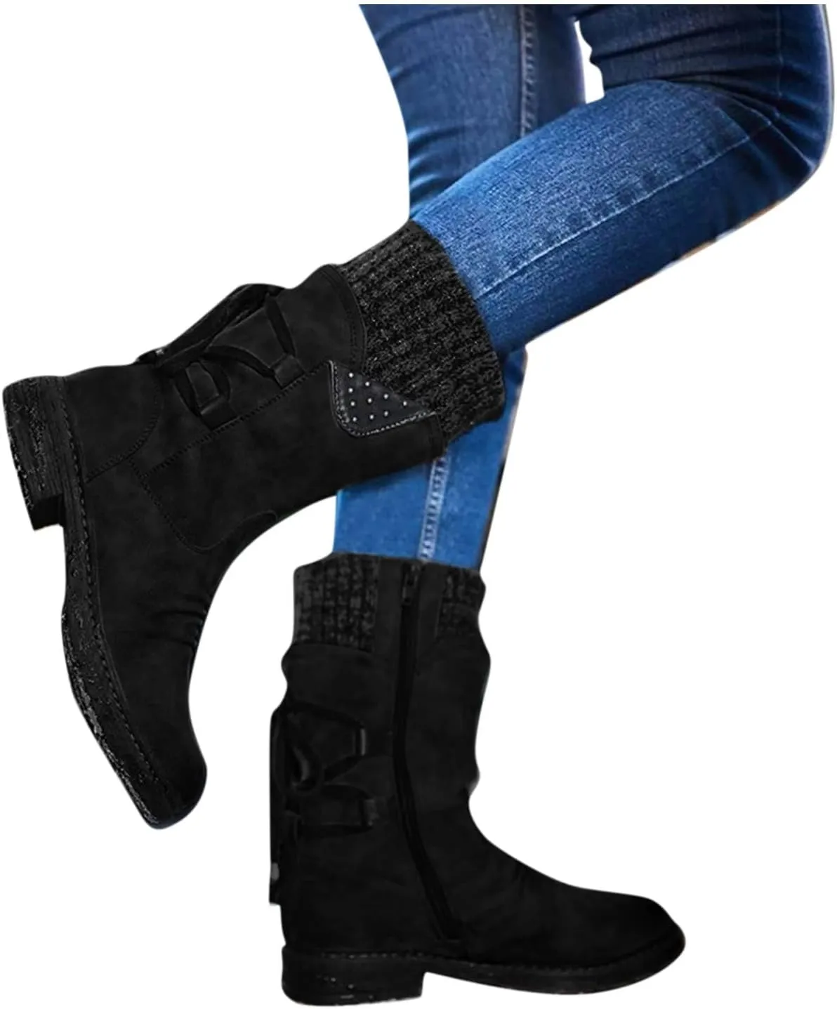Women's Mid Calf WaterProof Winter Snow Boots Faux Fur Warm Thermal Waterproof Outdoor Walking Snow Winter Rubber Sole Lace Up Calf Boots Fashion Ruched Riding Military Boots