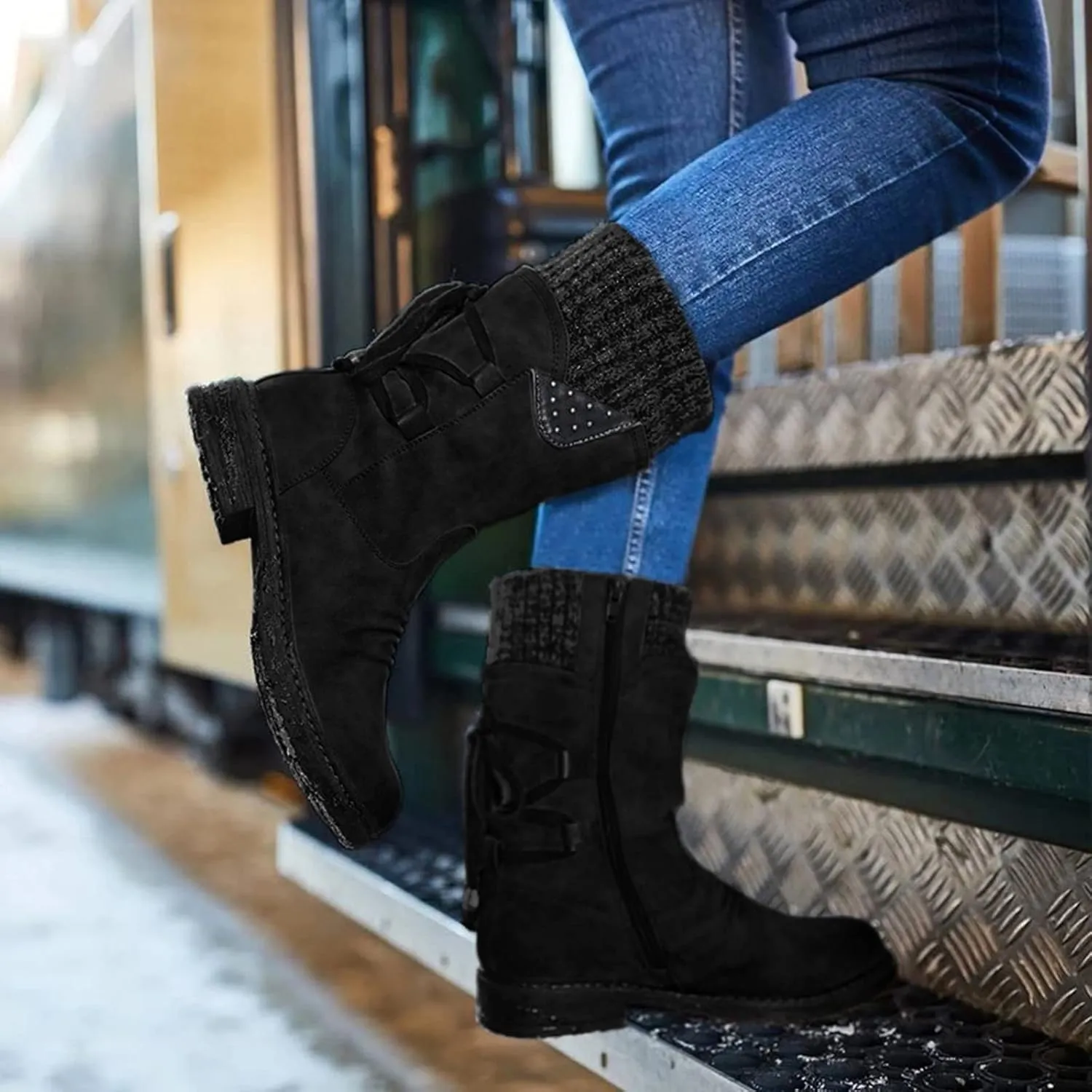 Women's Mid Calf WaterProof Winter Snow Boots Faux Fur Warm Thermal Waterproof Outdoor Walking Snow Winter Rubber Sole Lace Up Calf Boots Fashion Ruched Riding Military Boots
