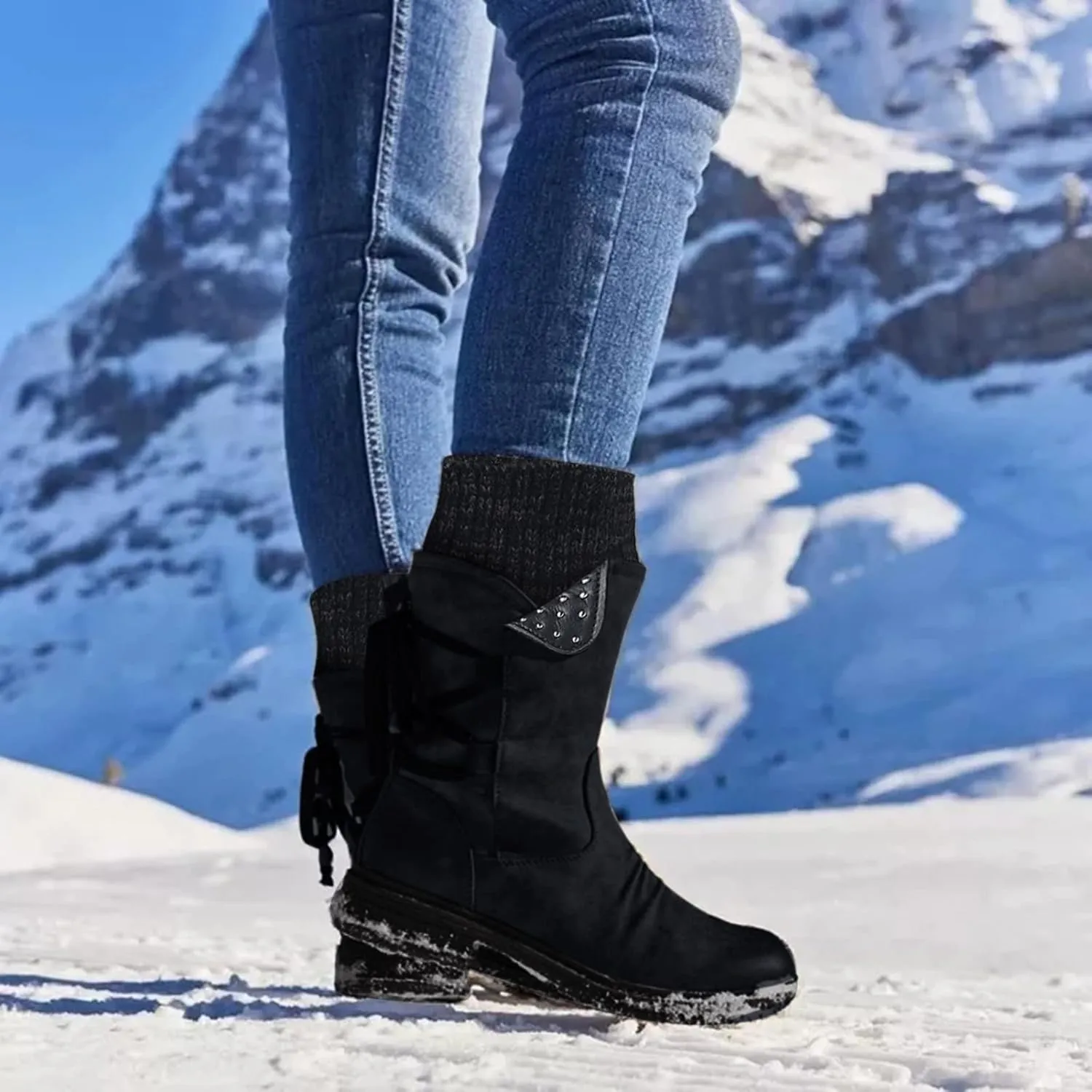 Women's Mid Calf WaterProof Winter Snow Boots Faux Fur Warm Thermal Waterproof Outdoor Walking Snow Winter Rubber Sole Lace Up Calf Boots Fashion Ruched Riding Military Boots