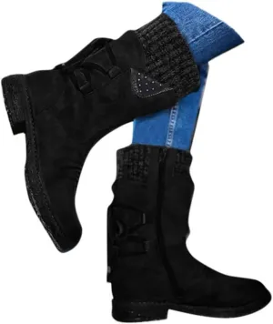 Women's Mid Calf WaterProof Winter Snow Boots Faux Fur Warm Thermal Waterproof Outdoor Walking Snow Winter Rubber Sole Lace Up Calf Boots Fashion Ruched Riding Military Boots