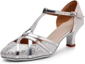 Women's Modern Heels Shoes Salsa Tango Ballroom Latin Party Dance Shoes Sequin Hollow Wedding High Heel(Silver5.5cm,34)