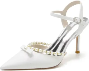 Women's Pearl Kitten Heeled Wedding Shoes for Bride Pointed Closed Toe Pumps Satin Slingback Bridal Party Dress Shoes