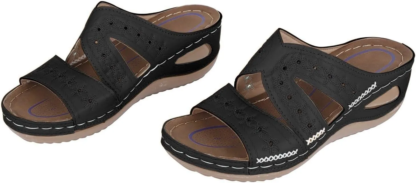 Womens Sandals Comfortable Dressy Arch Support Slip On Wide Width Walking Orthopedic Sandals Anti-Slip Breathable Summer Beach Flip Flops Trendy Embroidered Slippers