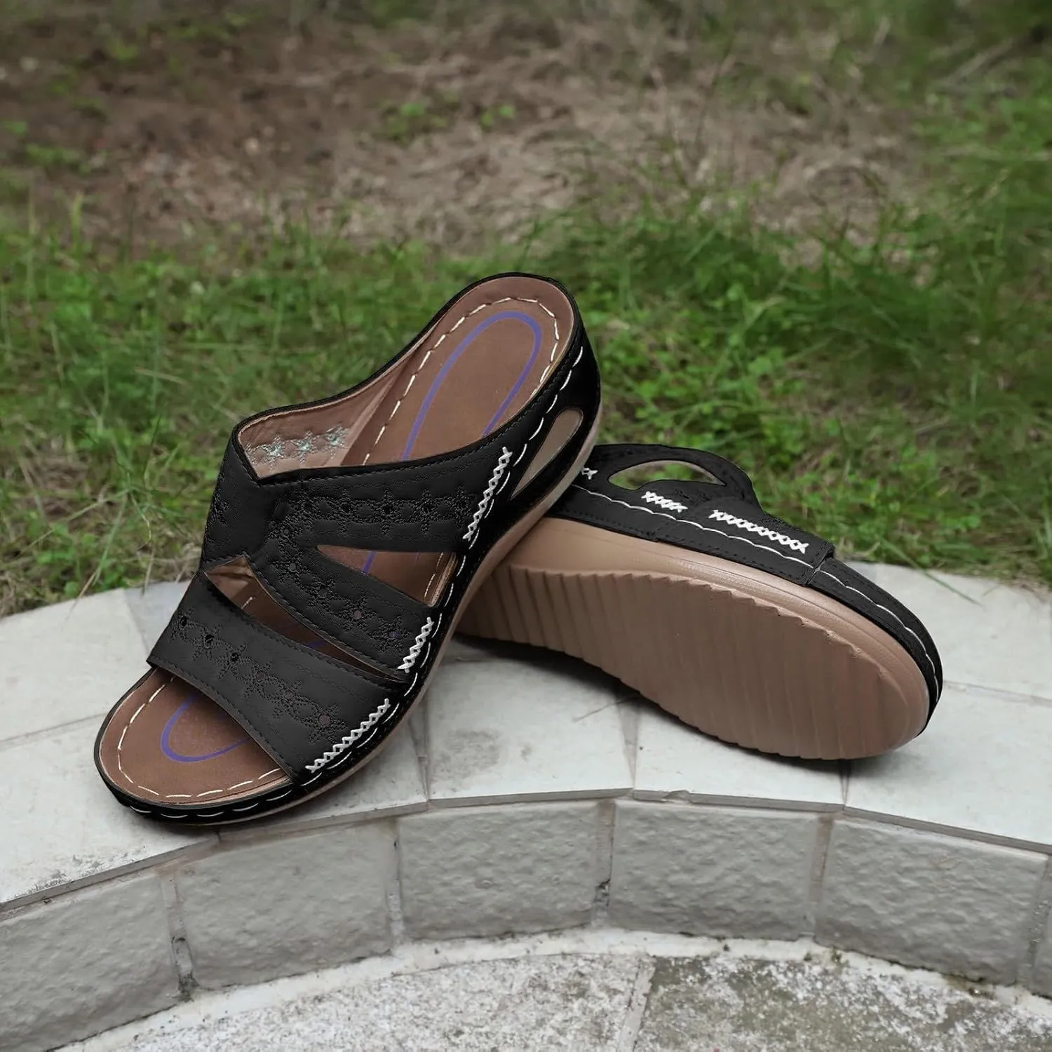 Womens Sandals Comfortable Dressy Arch Support Slip On Wide Width Walking Orthopedic Sandals Anti-Slip Breathable Summer Beach Flip Flops Trendy Embroidered Slippers