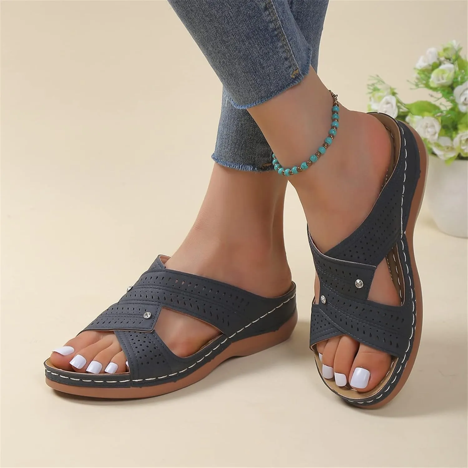 Womens Wedge Sandals Leather Dressy Summer Slip On Slides Sandals Casual Comfortable Lightweight Beach Walking Platform Shoes