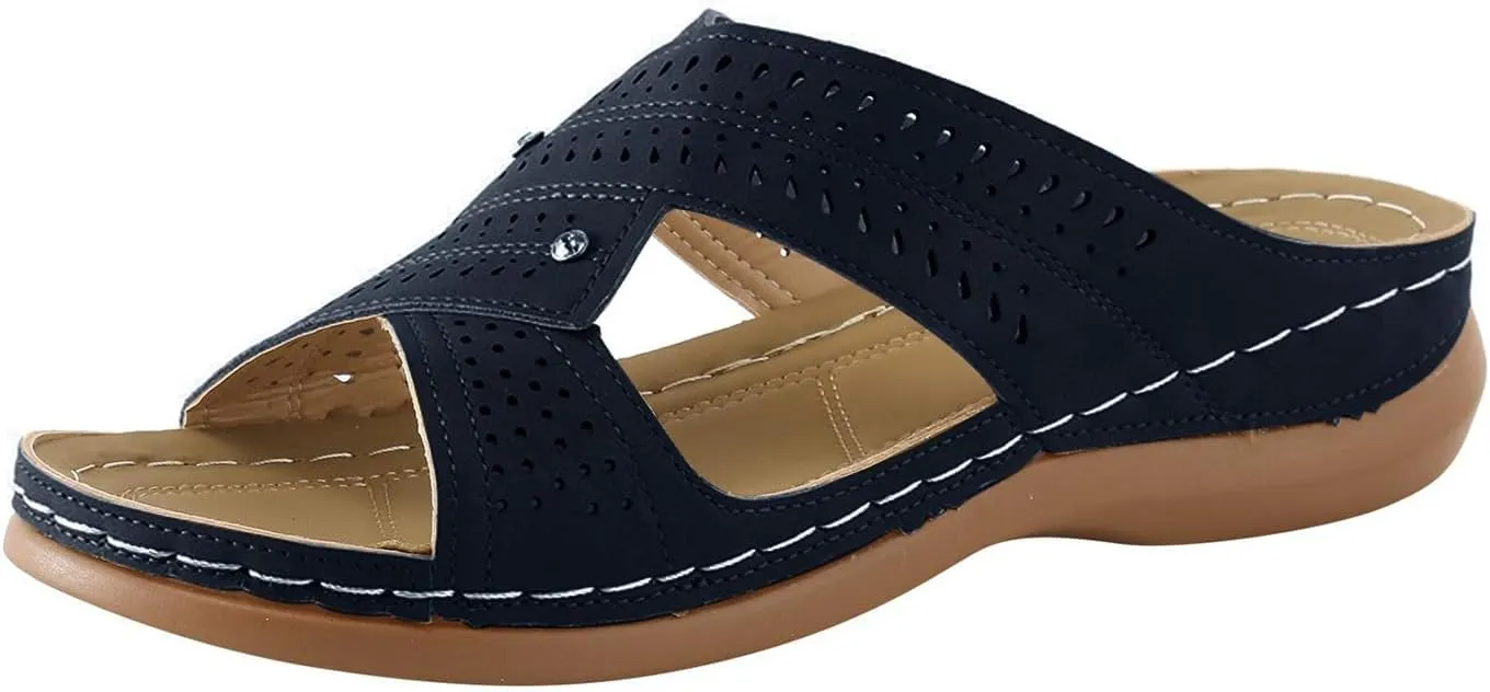 Womens Wedge Sandals Leather Dressy Summer Slip On Slides Sandals Casual Comfortable Lightweight Beach Walking Platform Shoes