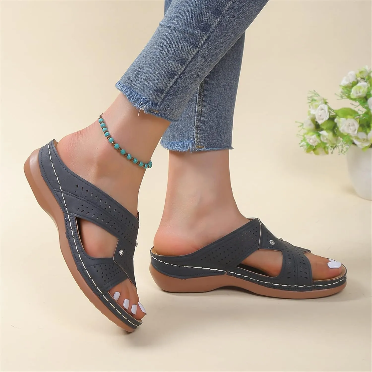 Womens Wedge Sandals Leather Dressy Summer Slip On Slides Sandals Casual Comfortable Lightweight Beach Walking Platform Shoes
