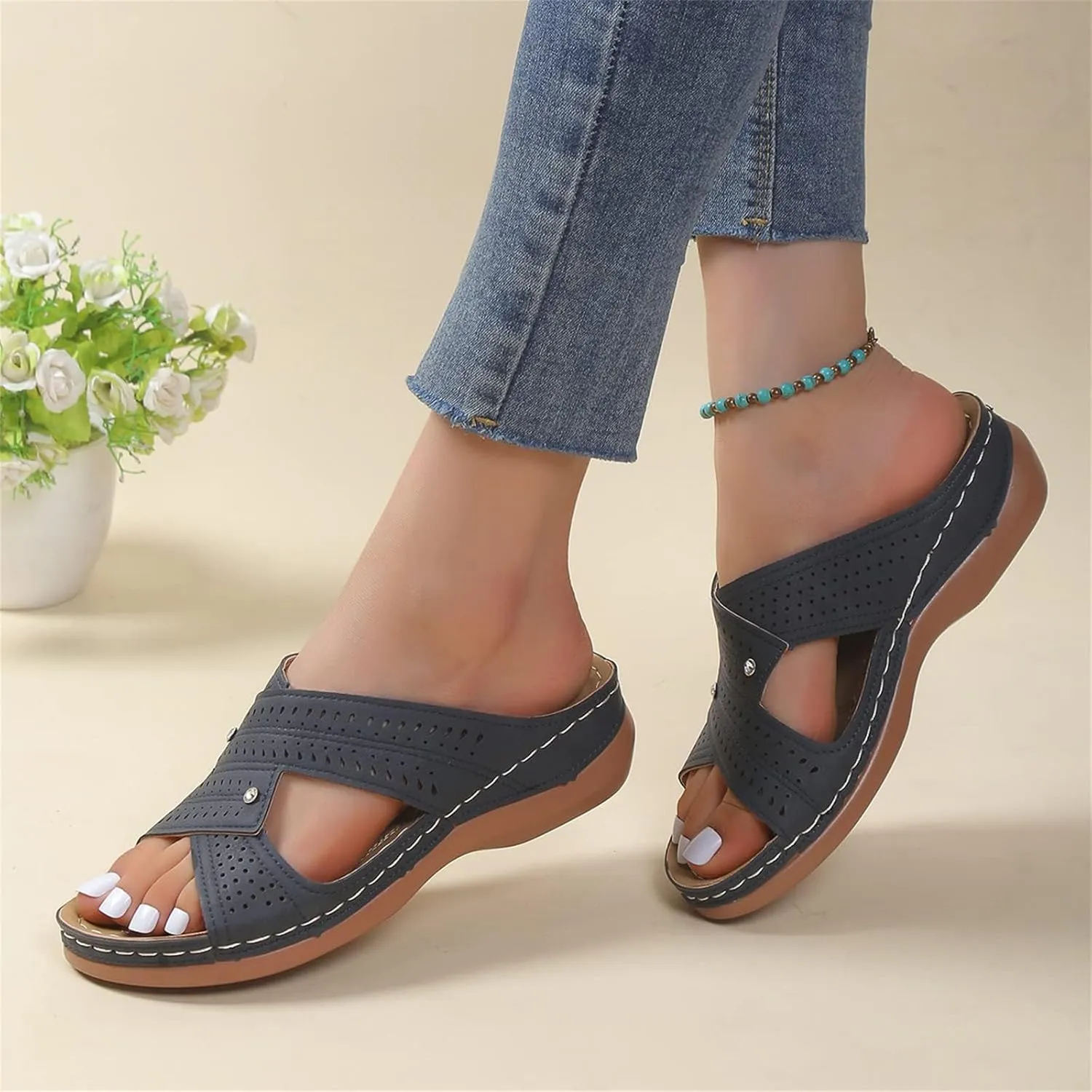 Womens Wedge Sandals Leather Dressy Summer Slip On Slides Sandals Casual Comfortable Lightweight Beach Walking Platform Shoes